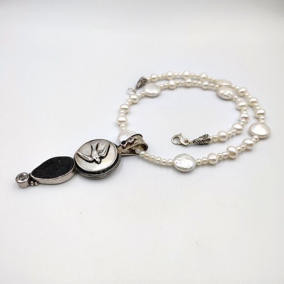 Mars And Valentine Sterling 925 Charcoal Druzy Sapphire Pearl Swallow Necklace - Picture 10 of 16